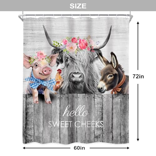 Newsely Highland Cow Farm Animals Shower Curtains for the Bathroom, Cute Cow Chicken and Pig with Flowers on Fence Bathroom Set, Western Farmhouse Rustic Funny Waterproof Bath Accessories 60Wx72H Inch - color: A-02cow, size: 60"W x 72"L (Pack of 1)