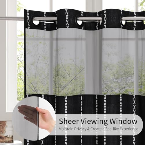 No Hooks Needed Farmhouse Shower Curtain with Snap-in Liner - with Window & Magnets, Boho Cotton Linen Fabric Shower Curtains with Tassels for Rustic Bathroom Decor, Black and White, 72 x 74 - color: Black - Win