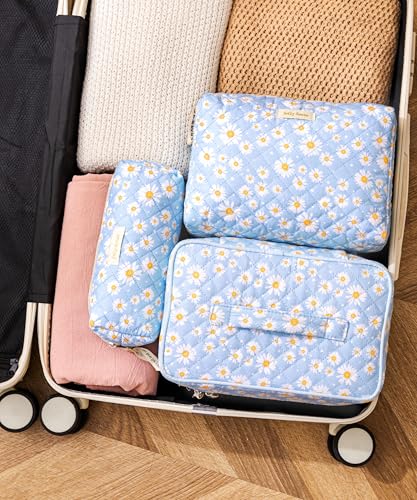 HBselect Quilted Makeup Bag, 3PCS Cotton Large Travel Makeup Bag, Cute Floral Coquette Make up Bag Cosmetic Bag Toiletry Bag for Women Girls - color: A-3PCS-Daisy
