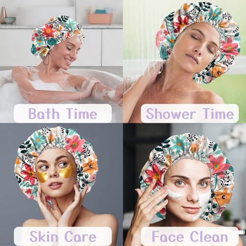 Luxury Shower Cap Silk Satin Lined Waterproof Reusable Adjustable Elastic Dry Hair Bathing Caps Cute for Women Girls-Red Flower - color: C-2-Red Flower