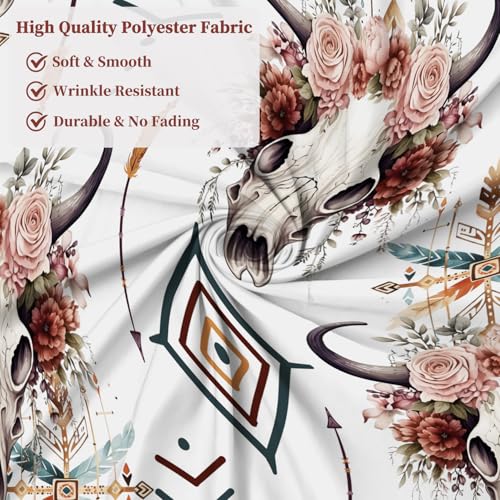 Fabric Shower Curtain with Hooks, Waterproof & Washable Polyester, Boho Western Aztec Cow Bull Skull Floral Shower Curtains for Bathroom, Retro Farmhouse Rustic Bathroom Curtain, 71x74 Inch - color: Boho Bull Skull