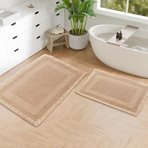 Hiasan Set of 2 Waffle Bath Mat, Super Absorbent Non Slip Bathroom Boho Rug with Tassels, Machine Washable Bath Mats for Bathroom, Ultra Soft Rubber Backed Rug, Loop-Brown, 16" x 24" + 20" x 32" - color: Loop-brown, size: 16" x 24" + 20" x 32"
