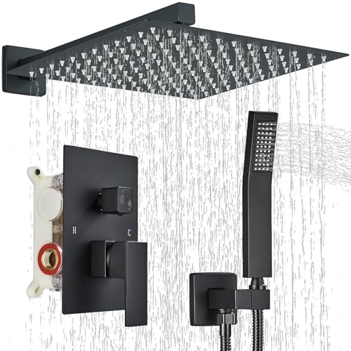 Shower Faucet Matte Black Shower System with 12 Inches Rain Shower Head and Handheld Spray Bathroom Luxury Rain Shower Faucet Set Complete Wall Mounted - color: Matte Black, size: Matte Black-12
