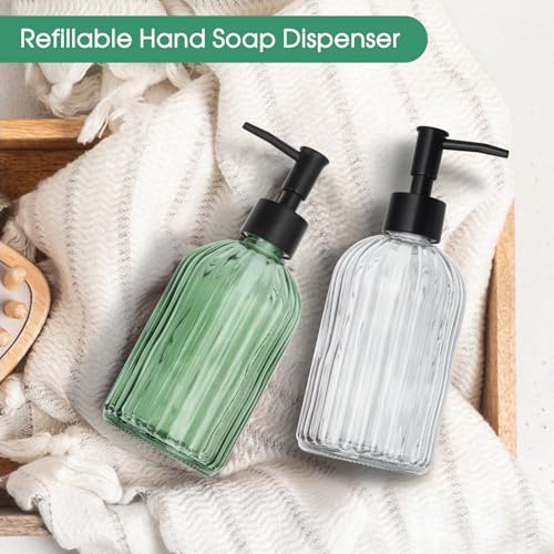 Topsky 2 Pack Glass Soap Dispenser with Black Plastic Pump, 400ml Liquid Hand Soap Dispenser, Rustproof Pump for Kitchen & Bathroom, Great for Lotions, Essential Oil, Liquid Soaps-Clear & Green - color: Stripe-clear&green, size: Plastic Pump