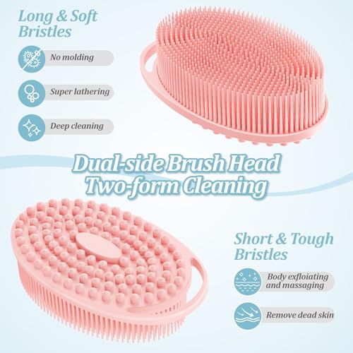 Soft Silicone Body Scrubber Set, 2PCS Dual-Side Silicone Loofah for Gentle Exfoliating and Scalp Massaging, Hygienic Shower Scrubber Shampoo Brush for Kids, Women, Sensitive Skin(Black+Pink) - color: Black+pink