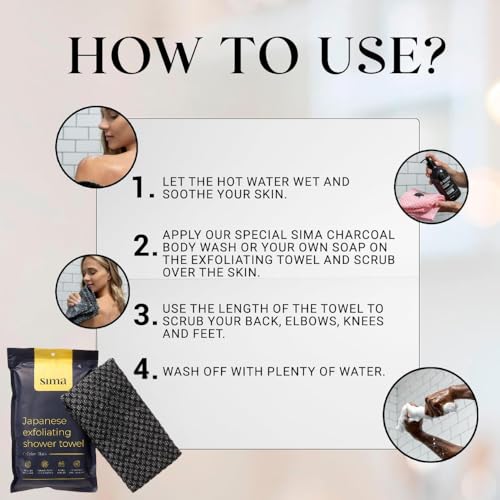 Sima Brand Exfoliating Washcloth Face & Body Scrub Towel - Japanese Exfoliating Towel with Hexagon Fibers, Body Scrubber with 2 Sides for Scrubbing & Washing, Extra Long Body Towels (Black) - color: Black