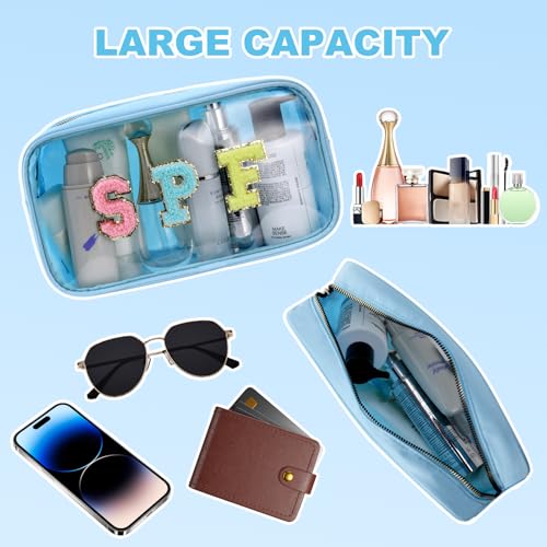 SPF Cosmetic Bag - Women’s Clear Beach Makeup Organizer with Chenille Letters, PVC Waterproof Toiletry Pouch for Sunscreen, Pool, Travel & Swimming - style: Blue-spf