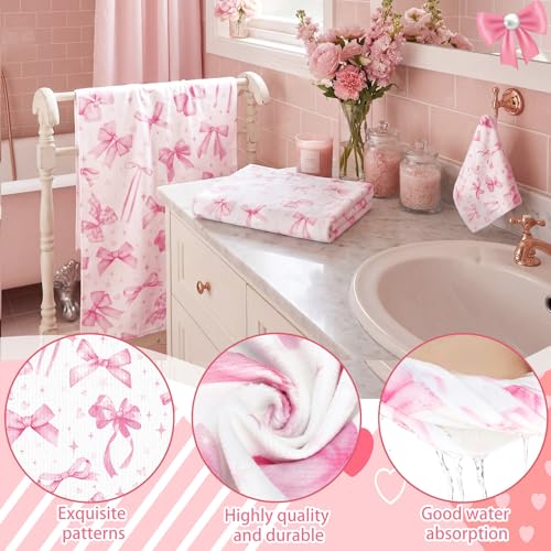 Moukeren Set of 3 Pink Bow Bath Towels Cute Coquette Bow Bath Towel Hand Towel and Washcloth Soft Decorative Towels for Girls Womens Bathroom Kitchen Pool Gym Spa Yoga - style: Pink Bow