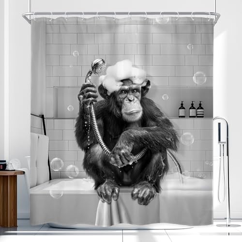 Newsely Funny Monkey Shower Curtain 60Wx72L Inch Black White Animal Chimpanzee Washing Hair in Bathtub Bubble Hilarious Bathroom Set Modern Waterproof Bath Decoration Accessories Home Decor - color: O-monkey, size: 60"W x 72"L (Pack of 1)