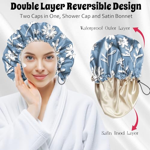 Luxury Shower Cap Satin Lined Reusable Waterproof Double Layer Elastic Adjustable Hair Bath Cap Cute Aesthetic Women Girls-Bule - color: F16-Bule