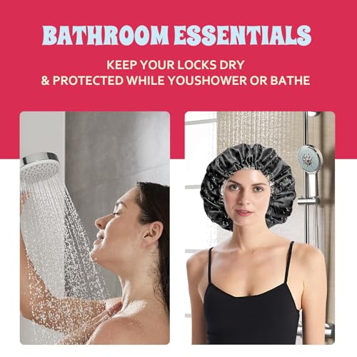Luxury Shower Cap Satin Lined Reusable Waterproof Double Layer Elastic Adjustable Hair Bath Cap Cute Aesthetic Women Girls-Black Leopard - color: F3-Black Leopard