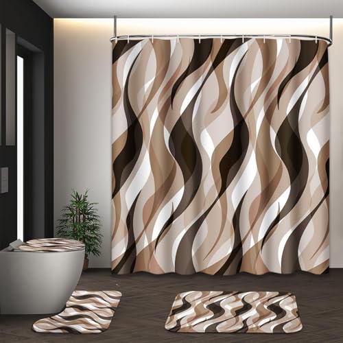 Brown Shower Curtain Set with Toilet Lid Cover and Non-Slip Rugs for Bathroom, Geometric Lines Ombre 4 Pcs Shower Curtain, Simple Abstract Modern Bathroom Set with 12 Hooks - color: Geometric Lines Brown