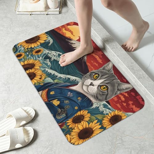Japanese Waves Cat Bath mats Quick Dry Absorbent Bath Rugs Rubber Non Slip Bath Mat for Bathroom Floor Tub Shower Sink 16"×24" - color: Japanese Waves, size: 16"x24"