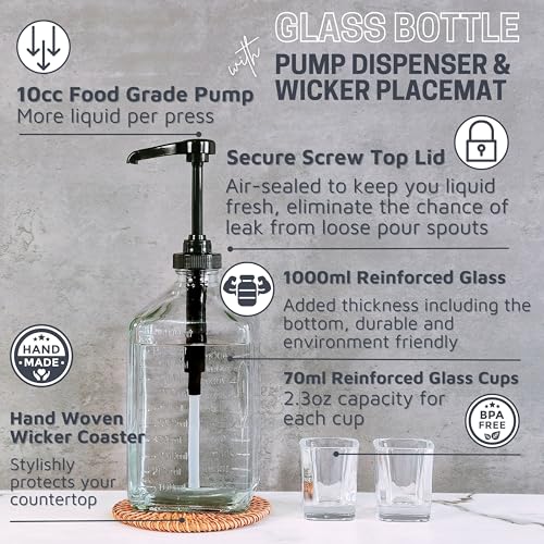 eBun Black Mouthwash Dispenser Set, 37oz Glass Bottle with Pump & Cups | Large capacity pump dispenser for bathroom. Includes glass mouth wash bottle & matching cups for stylish daily oral care - color: Black