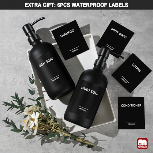 GMISUN Black Soap Dispenser, 2 Pack Matte Black Hand Soap Dispensers Bathroom with Stainless Steel Pump, 17 Fl Oz Glass Dish Soap Dispenser Set for Kitchen, Modern Liquid Soap Bottle with Labels - color: Black Bottle + Black Pump