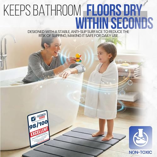 Foldable Diatomaceous Earth Bath Mat, Fast Drying Stone Bathroom Mat, Super Absorbent & Non-Slip, Compact Easy Storage, 23.6 x 15.35 Inch, Grey