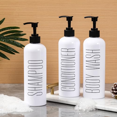 HOMCDALY Shampoo and Conditioner Dispenser, 16oz 3-Pack Refillable Pump Bottles, Shampoo Conditioner Body Wash Dispensers Bottles, Bathroom Shampoo Dispenser Set(White - color: White&black Pump