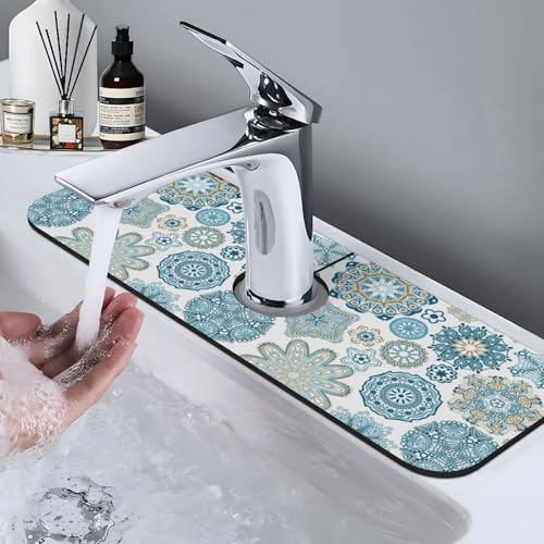 Mandala Boho Blue Flower 15" X 5.5" Kitchen Sink Splash Guard Faucet Faucet Guard Draining Mat Sink Splash Guard Faucet Kitchen Bathroom - color: Mandala Boho Blue Flower