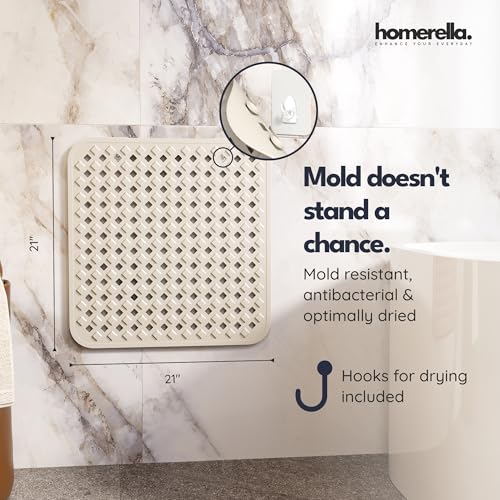 homerella® Shower Mat Non Slip Anti Mold, Non Slip Shower Mats for Inside Shower Stall Anti Slip Mat, Square Shower Floor Mat 21 x 21 in with Suction Cups & Hooks for Quick Drying, Machine Washable - color: Sand