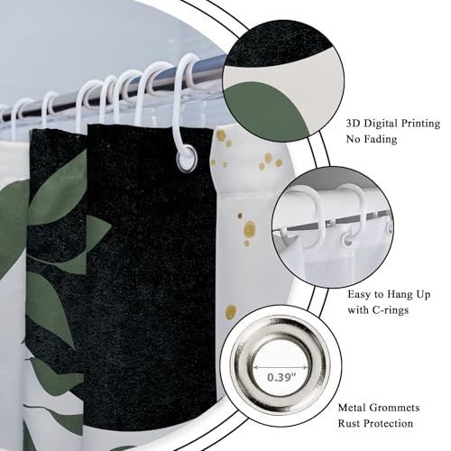 Riyidecor Boho Dark Green 4Pcs Bathroom Shower Curtain Sets Mid Century Abstract Modern Minimalist Bathroom Decor Set with Rugs and Accessories Leaf Toilet Lid Rug, Contour and Bath Mat with 12 Hooks - color: 04dark Green