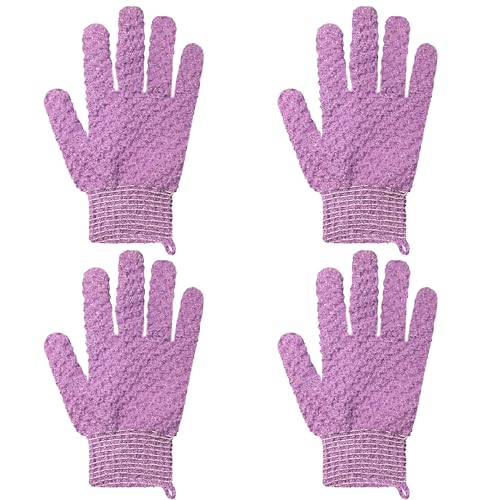Exfoliating Bath Gloves 2 Pairs - Heavy Texture Body Scrub Gloves for Shower, Spa, Massage and Body Scrubs, Dead Skin Remover, Washing Gloves with Hanging Loop(Dark Purple) - color: Purple1