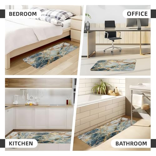 White Cyan Gold Marble Kitchen Rugs Microfiber Floor Mats Cushioned Carpet Runner Rug for Laundry Bathroom Living Room, 2 Piece Set 17"X 47" + 17"X 30" - color: White Cyan Gold Marble