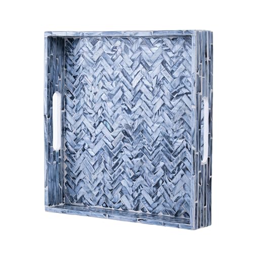PEMAR 12.2" Square Serving Tray Mother of Pearl Nacre Wood Lap Ottoman Tray for Coffee Table, Luxury Decorative Handmade Eating Platters w Insert Handles (Midnight Blue Herringbone) - color: Midnight Blue Herringbone