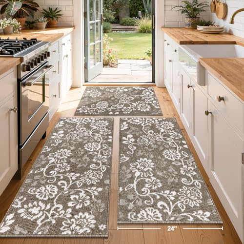 LOKHOM Boho Kitchen Rugs Sets of 3, Non Slip High-Low Textured Kitchen Mats for Floor with Rubber Backing, Paisley Floral Washable Carpet Runner for Hallways Entryway Laundry Sink (Brown & White) - color: Brown, size: 24"x35"+24"x48"+24"x60"