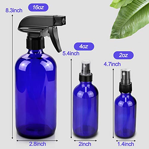 Worldgsb Glass Spray Bottles, 16oz*2+4oz*2+2oz*4 Refillable Containers, Empty Boston Round Bottles with Adjustable Nozzle for Cleaning, Gardening, Aromatherapy, Pets, Plant, Hair - Blue - color: Blue