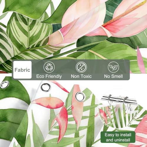 LQCOOL Pink Anthurium Tropical Leaves Shower Curtain and Liner, 3 in 1 Shower Curtain Set with 12 Double Sided Shower Curtain Hooks, Waterproof Fabric Shower Curtains for Bathroom,72" W*72" H - color: Pink Leaf