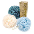 Spongentle Shower Loofah Bath Sponge, Body Scrubber with Soft Mesh, Exfoliating Bath Pouf and Body Wash Sponge for Women and Men, Bath Accessories Cleaning Tool, Large 70g 3 Pack - style: Coastal Beige & Blue