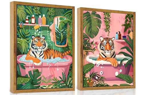 ARTZIO Framed Canvas Wall Art–Whimsical Tiger in Bathtub Jungle Bath Decor,Funny Animal Wall Art for Bathroom,Living Room & Home Office–Set of 2 (16"x24") - color: 2-PCS-3, size: 16"x24"