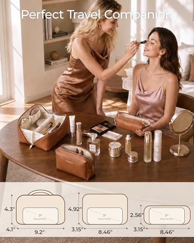BAGSMART Makeup Bag Travel 3 Pcs Set Cosmetic Bag, Large Make Up Bag Flat Open Toiletry Bag for Women, PU Leather Travel Essentials Organizer Case, Wide-open Pouch for Skincare, Brushes,Classic Brown - color: 31- Classic Brown