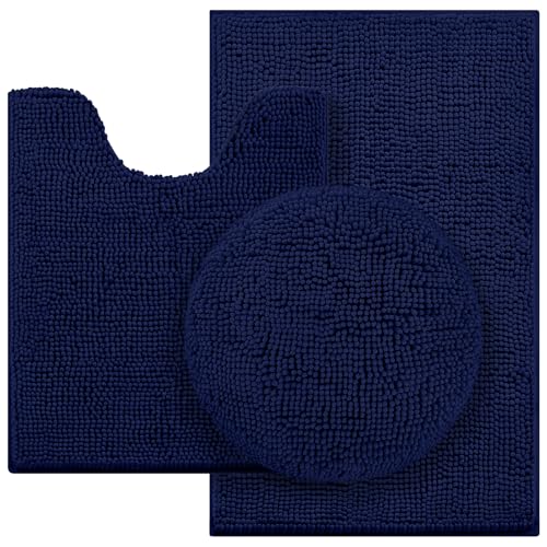 HOMEIDEAS 3 Pieces Navy Blue Bathroom Rugs Set, Ultra Soft Non Slip Bath Rug and Absorbent Chenille Bath Mat, Includes U-Shaped Contour Rug, Bath Mat and Toilet Lid Cover, Perfect for Bathroom, Tub - color: Navy Blue, size: 20"x32"+U 20"x24"+Cover 18"x21"