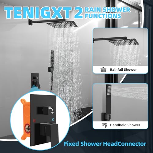 Bathroom Shower Faucet Set，10 Inch Rain Shower Head with Handheld Spray，Brass Shower Valve Trim Kit，Wall Mounted Square Rain Shower System (Matte black) - color: Matte Black, size: 10 Inch Shower Head
