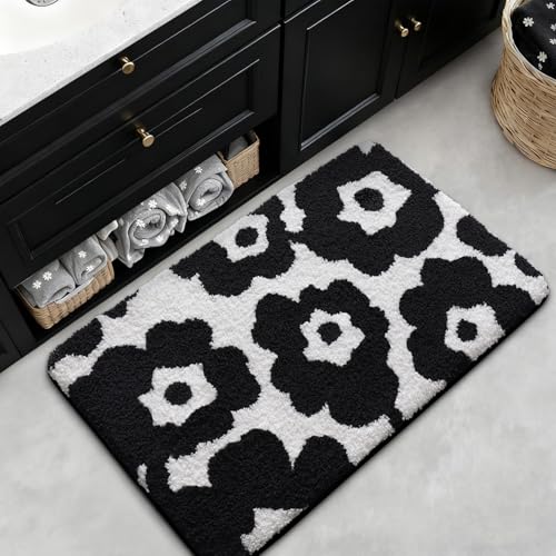 LUMI Bathroom Rugs Cute Floral Design, Soft Absorbent Microfiber Bath Mat Non-Slip, Machine Washable Quick Dry Luxury Rug Flower Black and White for Floor, Bathtub, Home Decor, 20"x32" - color: D-black Flower, size: 20"x32"