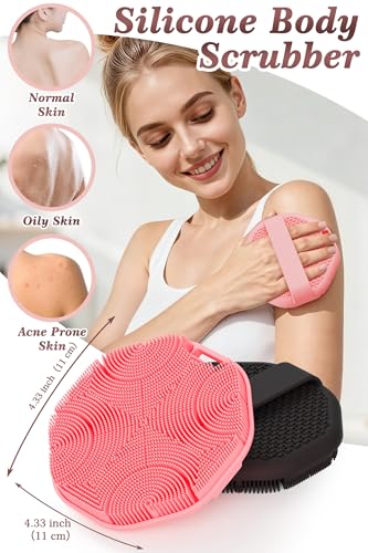 Manmihealth Soft Silicone Body Scruuber 4 PCS, Upgrade Gentle-Cleansing Shower Brush with Non-Slip Hand Strap, Exfoliating Silicone Loofah with Soap Bag (Black+Pink) - color: Shower Brush (Black+pink)