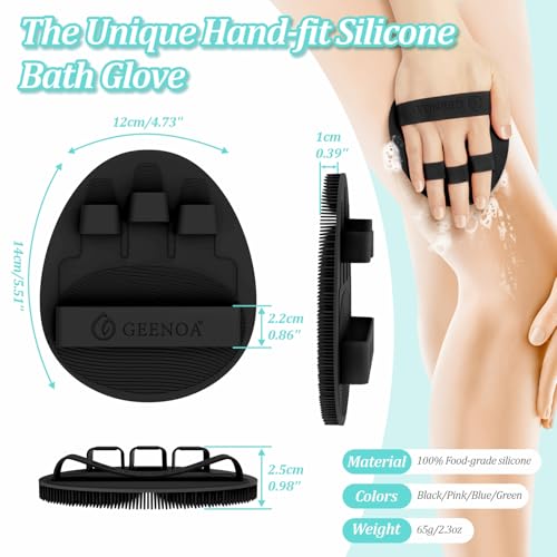 Upgrade Silicone Bath Glove with Straps, 360° Anti-Slip & Enlarged Exfoliating Body Scrubber for Rich Foaming Deep Cleaning, No-Grip & Hand-fit Shower Scrubber for All Skin Types(Blackx2) - color: Black*2