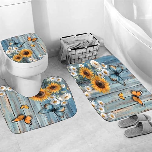 AZHM Rustic Flower Shower Curtain Set Sunflower and Daisy Floral Bathroom Set with Butterfly Accents with Shower Curtain and Bath Mat and 12 Hooks - color: Blue Yellow