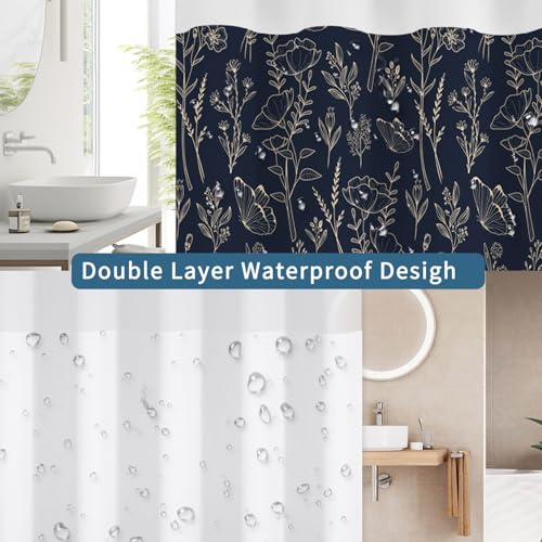 No Hook Shower Curtain with Snap in Liner Set, Dark Boho Navy Gold Forest Botanical Floral Neutral Pretty Waterproof Fabric Shower Curtain for College Dorm Hotel Apartment Bathroom Bathtub, 71x74 Inch - color: Line Floral