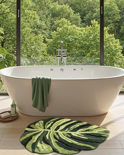 DEXI Leaf Bathroom Rugs Monstera, 31.5x23.5 Soft Fluffy Cute Bath Mat with Non Slip Backing, Washable Absorbent Bath Rug Quick Dry for Shower Floor, Toilet, Bedroom, Kids Room - color: Ample Monstera Deliciosa