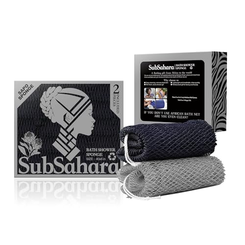 SubSahara Authentic African Net Sponge - 2 Pack Exfoliating Bath & Shower Loofah Sponge for Body & Face, Gentle Scrubber for All Skin Types, Travel, Durable (Black & Grey) - color: Black & Grey