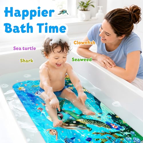 XIYUNTE Baby Bath Mat for Tub Non Slip Kids Bath Mat - 40''x16'' Extra Long Cartoon Bathtub Mat Non Slip Kids Shower Mat Eco-Friendly Toddler Bath Mats with Suction Cups, Machine Washable - color: C-blue Sea