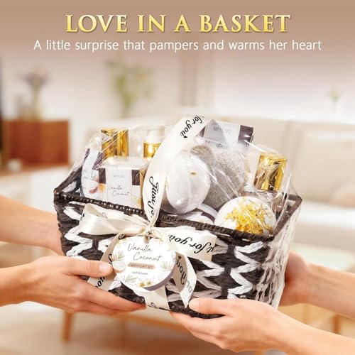 Mothers Day Birthday Gifts for Women, Vanilla Coconut Relaxing Spa Gift Baskets for Women Self Care Package Bath Gift Set, Home Bath and Body Kit Pampering Gifts for Womens Her Mom Friends Sister Wife - color: Brown-Vanilla Coconut