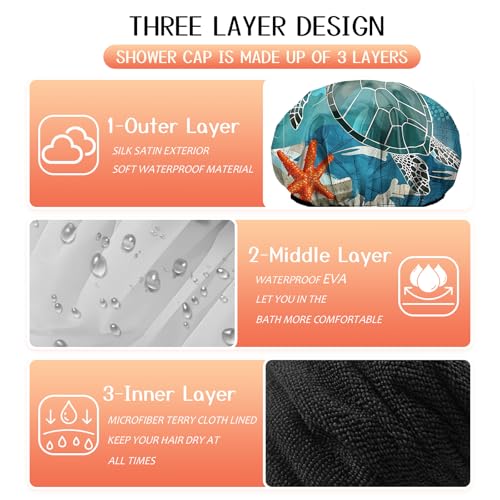 Luxury Shower Cap Terry Lined Reusable Triple Layer Waterproof Hair Elastic Caps Shower Bath Hat for Women Girls Cute Aesthetic-Sea Turtle - color: AL4-Sea Turtle