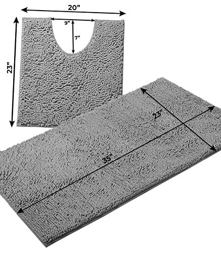 Bathroom Rugs Sets 2 Piece, Luxury Chenille Bath Mat Set, Soft Plush Anti-Slip Bath Rug + U-Shaped Toilet Mat. Microfiber Shaggy Carpet, Super Absorbent (24” x 36” & 20” x 24” U, Light Grey) - color: Light Grey, size: 2 Piece Set - Large