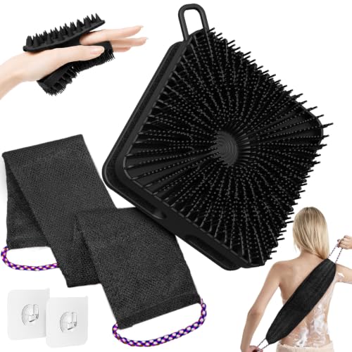 Manmihealth Dual-Sided Silicone Body Scrubber Scalp Massager & African Bath Sponge Net Set, 2-in-1 Silicone Shower Shampoo Brush Africa Wash Net Combination, Lather Well, Strong Exfoliating (Black) - color: Shower Brush+net Sponge Set (Black)