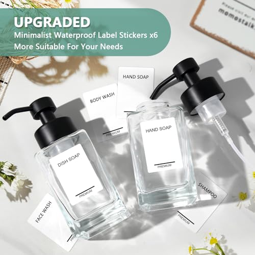 Foaming Soap Dispenser 2 Pack, 12oz/350ml Glass Foaming Hand Soap Dispenser Set with Stainless Steel Pump, Square Refillable Foam Pump Bottles for Bathroom&Kitchen,Includes 6 Labels - color: Clear