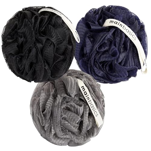 MainBasics Shower Loofah Sponge Pouf, Set of 3, Black Ice | Soft Mesh Body Scrubber and Bath Sponge for Gentle Exfoliation, Rich Lather, and Everyday Shower Use - style: Black Ice