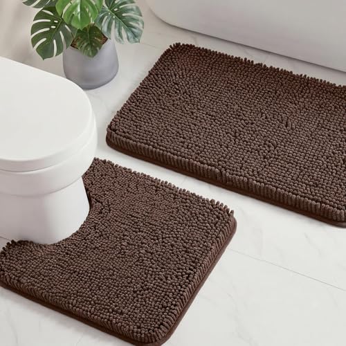 HUXMEYSON Bathroom Rugs Set 2 Piece, Ultra Absorbent Chenille Non Slip Bathroom Mat Set - 20'' x 24'' U-Shaped Contour Toilet Rug & 20'' x 32'' Extra Soft Plush Bath Mat - Machine Washable, Brown - color: Brown, size: 32" x 20" + U Shape 24" x 20"